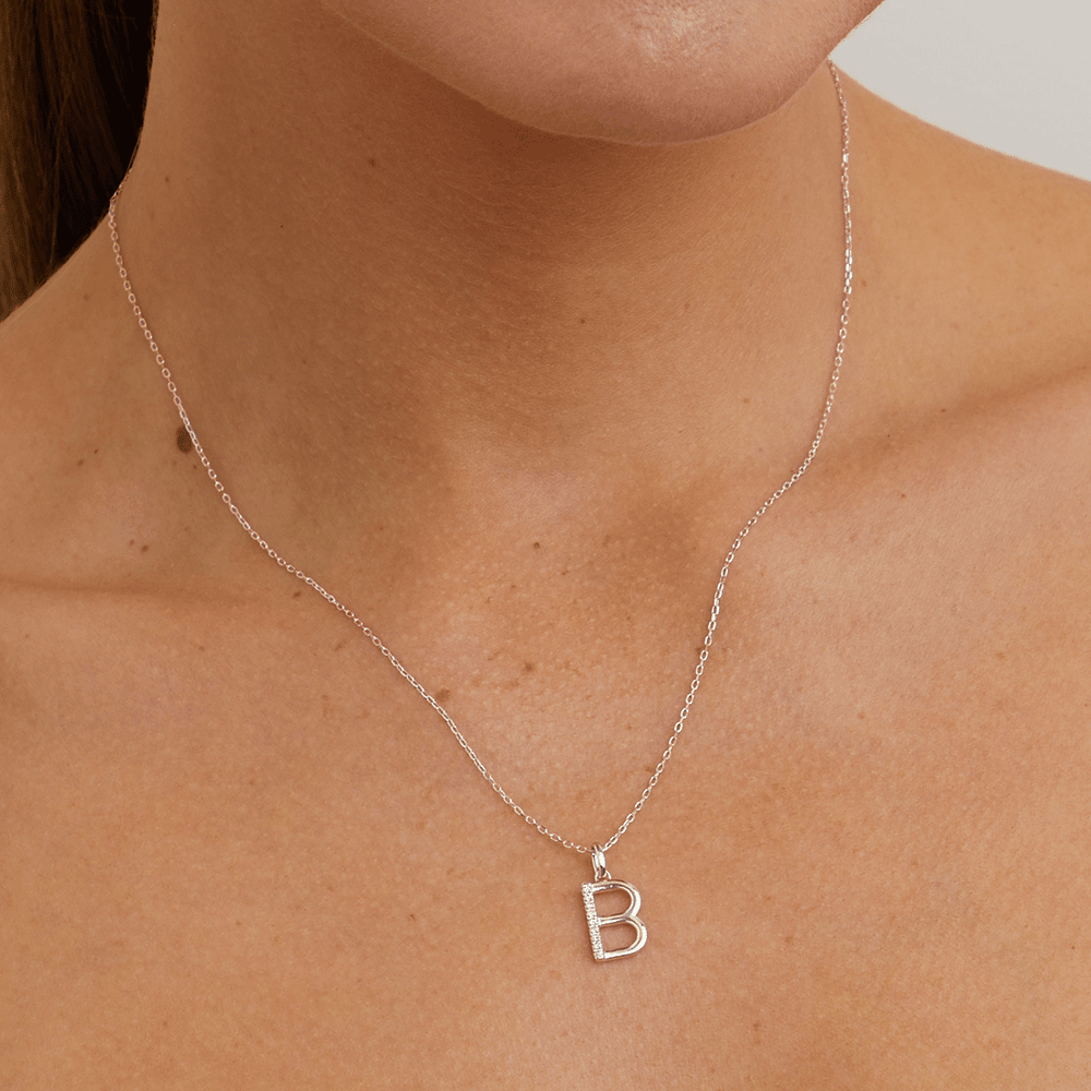 45cm B Initial Pendant Necklace with 0.05tw of Laboratory-Grown Diamonds in Sterling Silver and Platinum Pendants Bevilles 