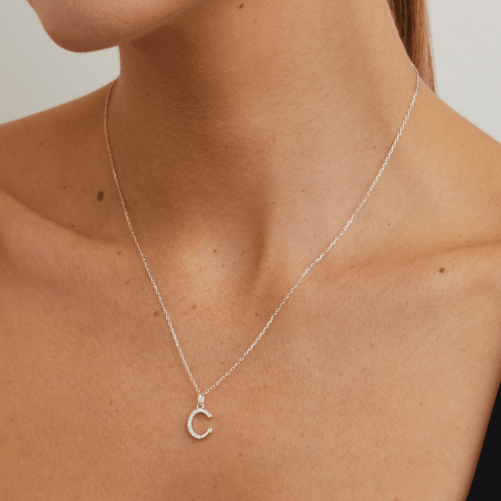 45cm C Initial Pendant Necklace with 0.05tw of Laboratory-Grown Diamonds in Sterling Silver and Platinum Pendants Bevilles 