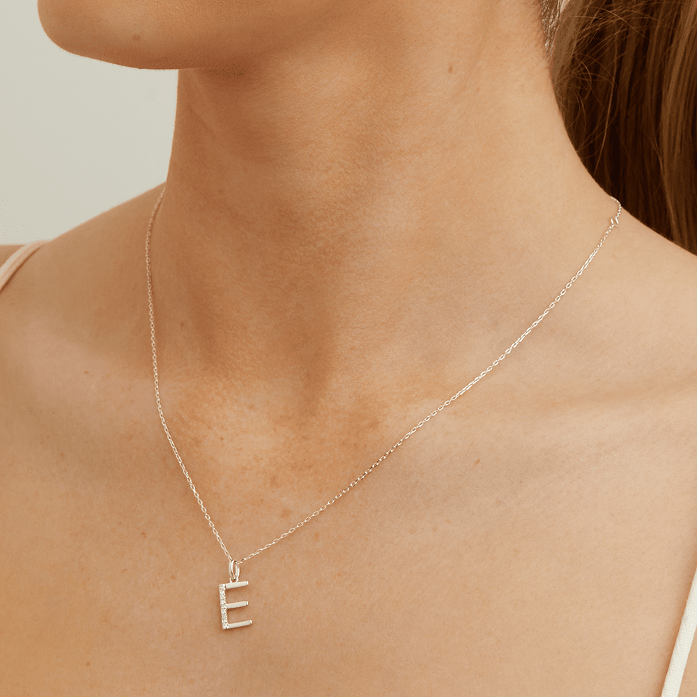 45cm E Initial Pendant Necklace with 0.05tw of Laboratory-Grown Diamonds in Sterling Silver and Platinum Pendants Bevilles 