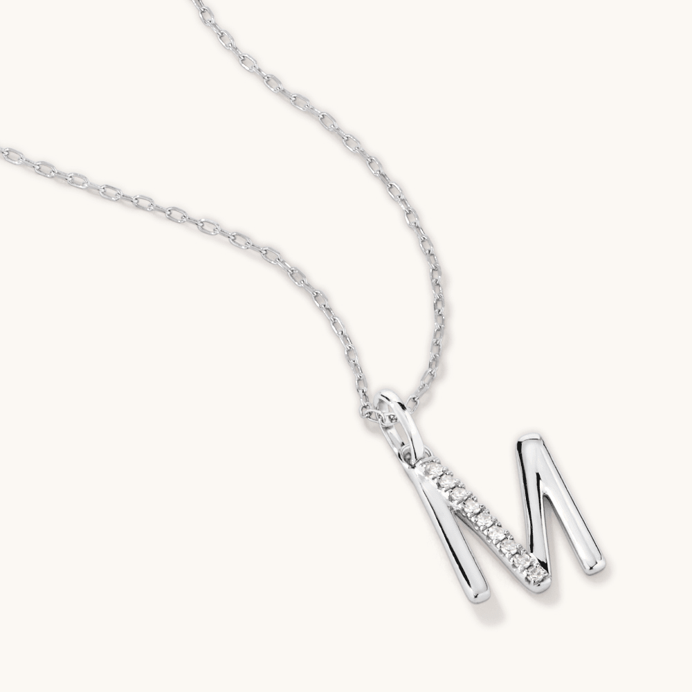 45cm M Initial Pendant Necklace with 0.05tw of Laboratory-Grown Diamonds in Sterling Silver and Platinum Pendants Bevilles 