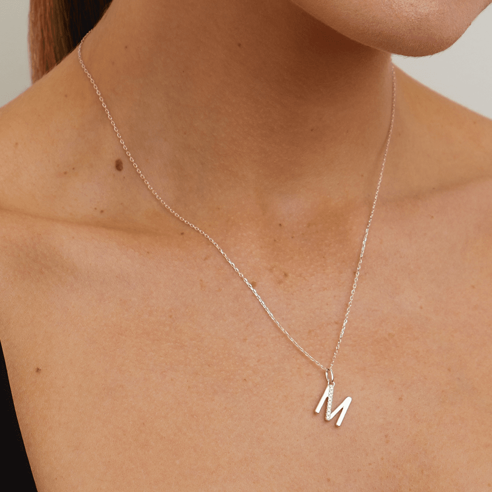 45cm M Initial Pendant Necklace with 0.05tw of Laboratory-Grown Diamonds in Sterling Silver and Platinum Pendants Bevilles 
