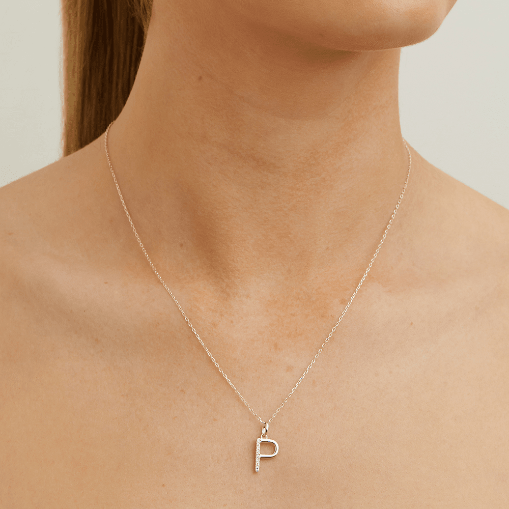 45cm P Initial Pendant Necklace with 0.05tw of Laboratory-Grown Diamonds in Sterling Silver and Platinum Pendants Bevilles 