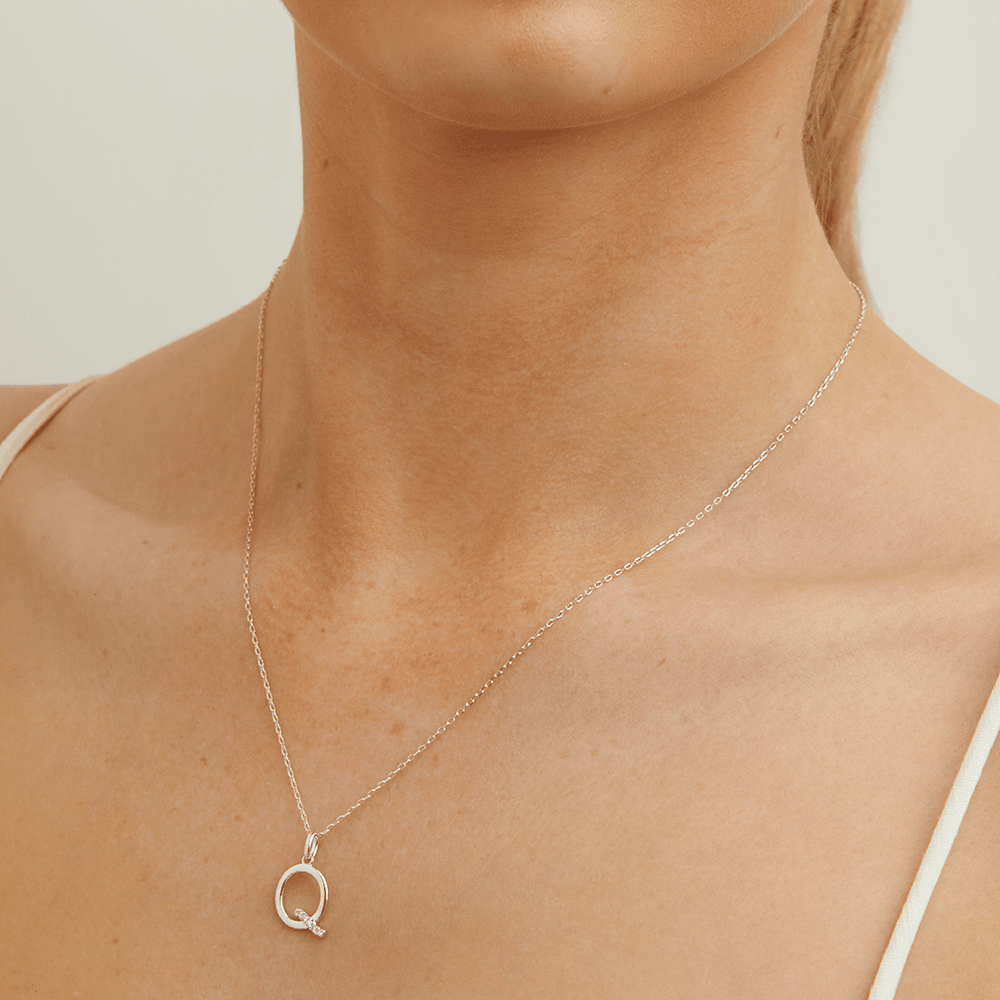 45cm Q Initial Pendant Necklace with 0.05tw of Laboratory-Grown Diamonds in Sterling Silver and Platinum Pendants Bevilles 