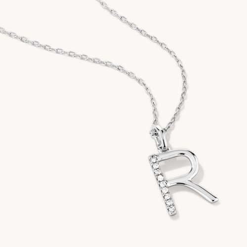 45cm R Initial Pendant Necklace with 0.05tw of Laboratory-Grown Diamonds in Sterling Silver and Platinum Pendants Bevilles 