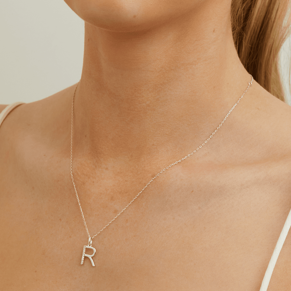 45cm R Initial Pendant Necklace with 0.05tw of Laboratory-Grown Diamonds in Sterling Silver and Platinum Pendants Bevilles 