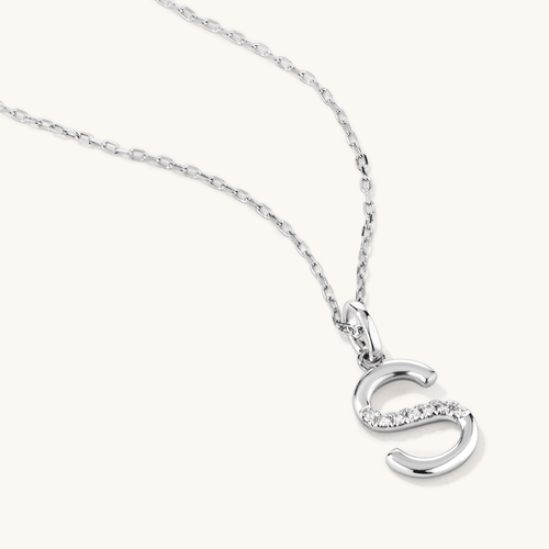 45cm S Initial Pendant Necklace with 0.05tw of Laboratory-Grown Diamonds in Sterling Silver and Platinum Pendants Bevilles 