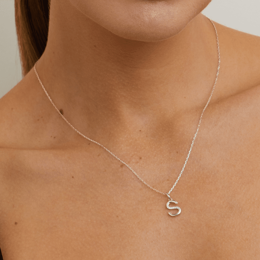 45cm S Initial Pendant Necklace with 0.05tw of Laboratory-Grown Diamonds in Sterling Silver and Platinum Pendants Bevilles 