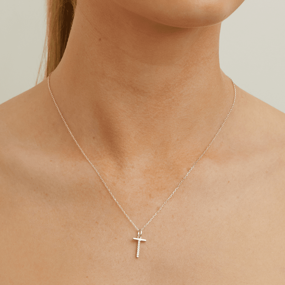 45cm T Initial Pendant Necklace with 0.05tw of Laboratory-Grown Diamonds in Sterling Silver and Platinum Pendants Bevilles 