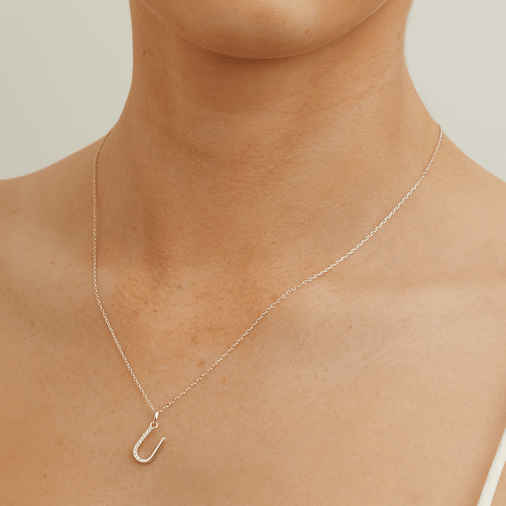 45cm U Initial Pendant Necklace with 0.05tw of Laboratory-Grown Diamonds in Sterling Silver and Platinum Pendants Bevilles 