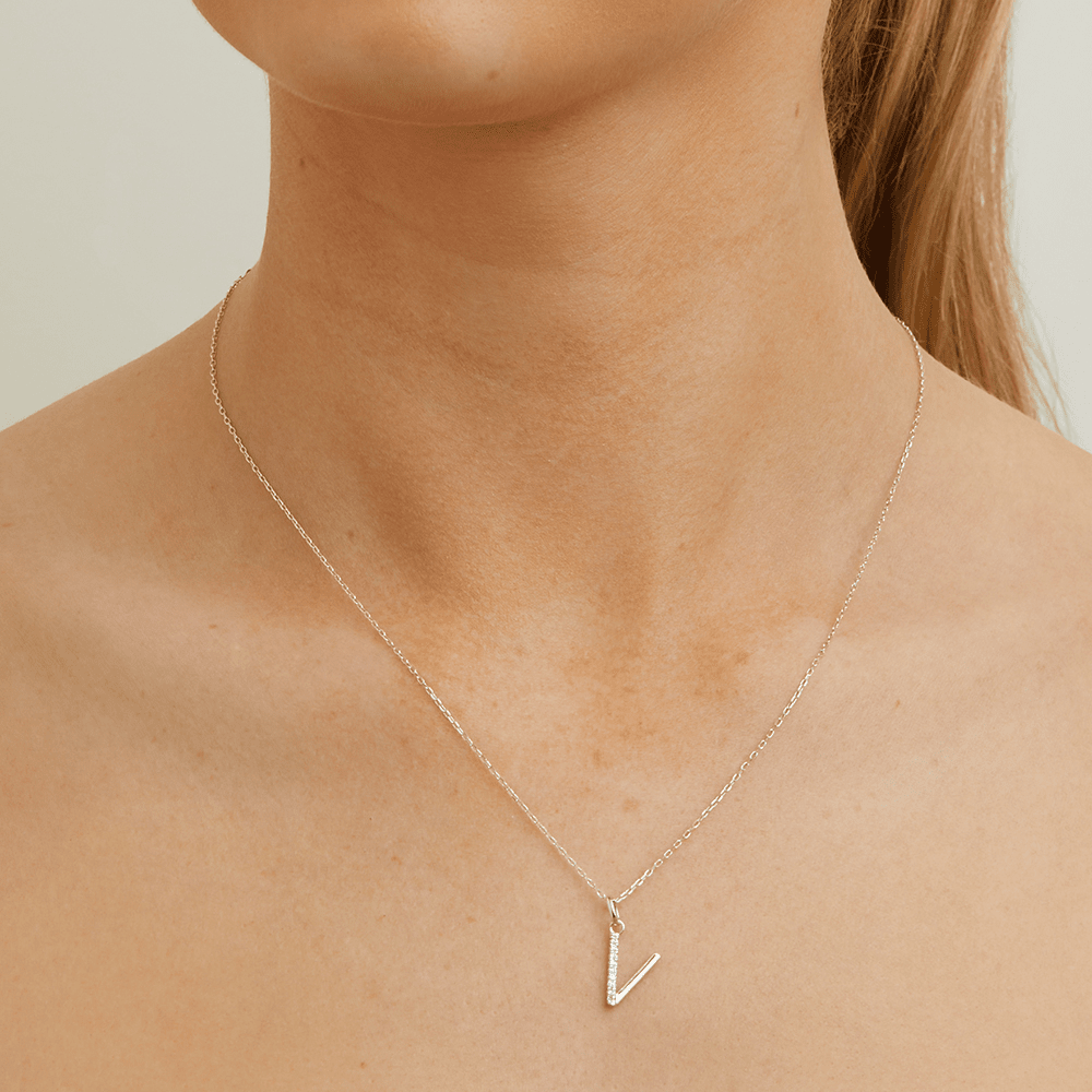 45cm V Initial Pendant Necklace with 0.05tw of Laboratory-Grown Diamonds in Sterling Silver and Platinum Pendants Bevilles 