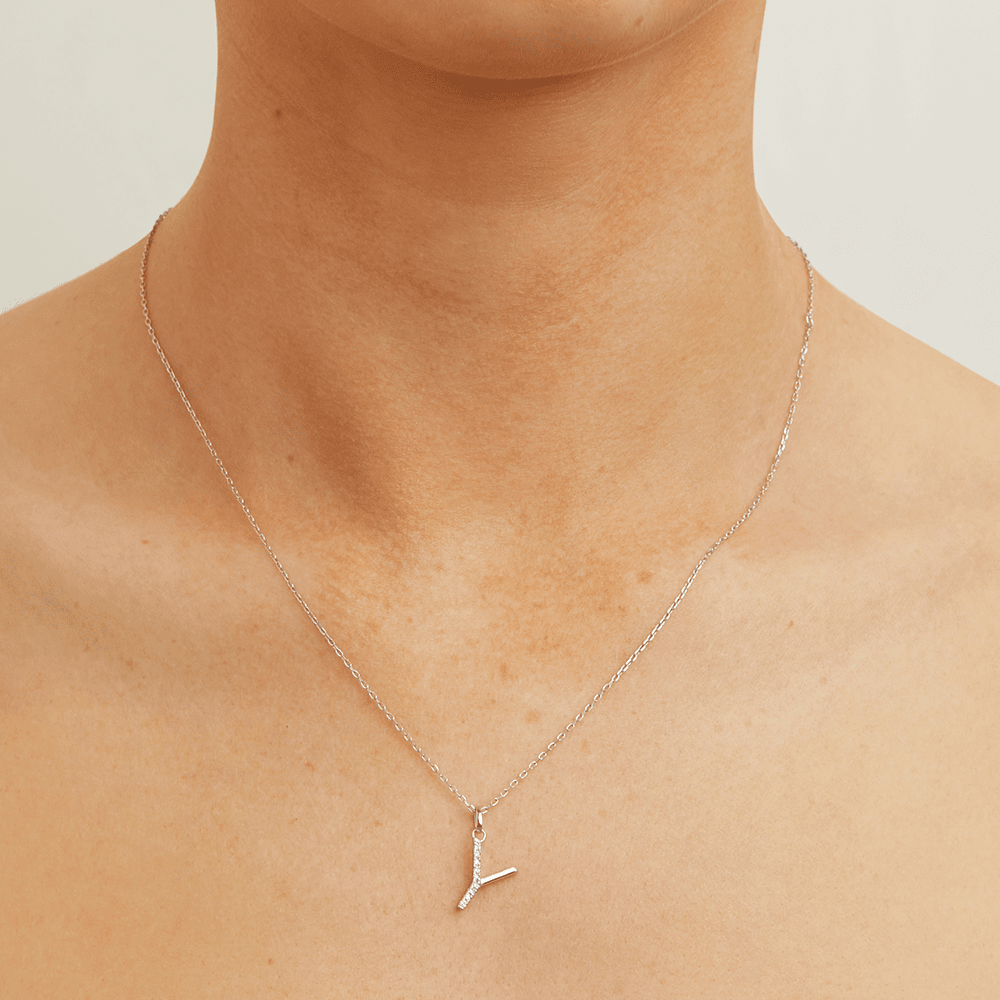 45cm Y Initial Pendant Necklace with 0.05tw of Laboratory-Grown Diamonds in Sterling Silver and Platinum Pendants Bevilles 