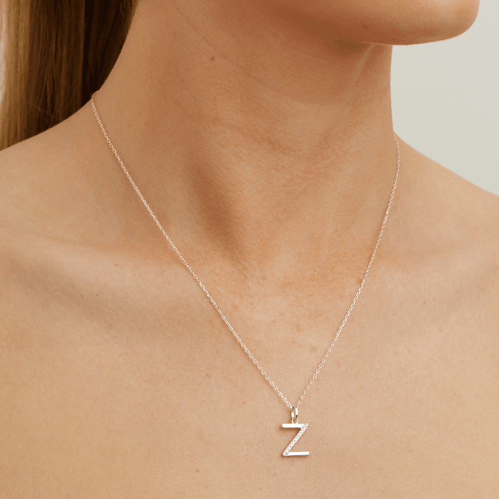 45cm Z Initial Pendant Necklace with 0.05tw of Laboratory-Grown Diamonds in Sterling Silver and Platinum Pendants Bevilles 