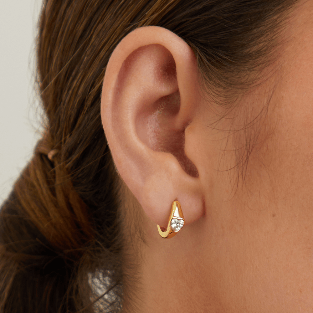 5x12mm Cubic Zirconia Heart Hoop Earrings in 18kt Gold Plated Sterling Silver Earrings Bevilles 