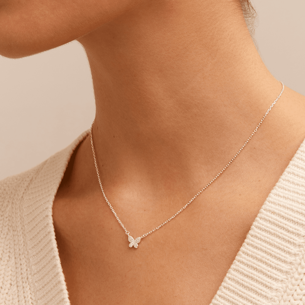 45cm Cubic Zirconia Pavé Butterfly Necklace in Sterling Silver Pendants Bevilles 
