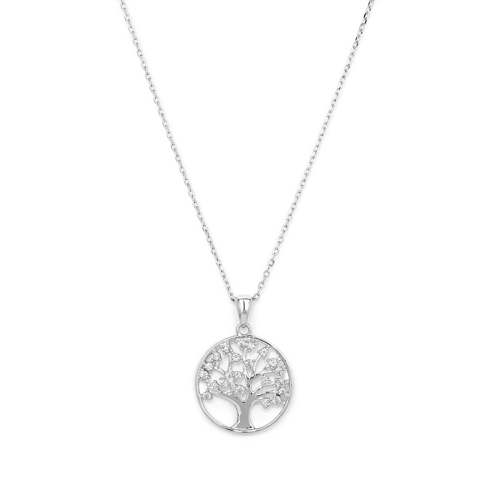 45cm Cubic Zirconia Tree of Life Pendant Necklace in Sterling Silver Pendants Bevilles 