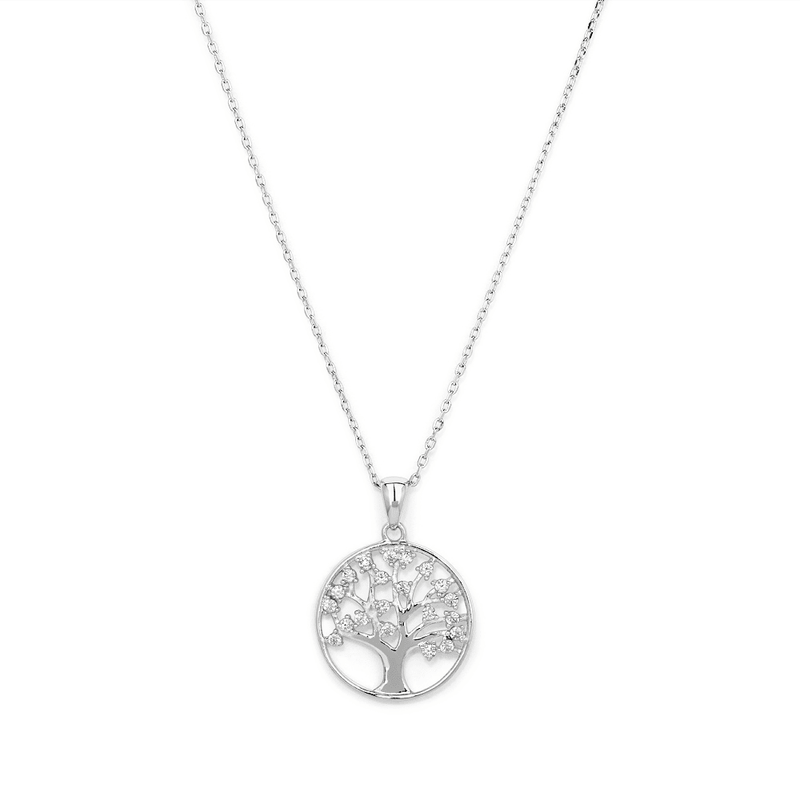 45cm Cubic Zirconia Tree of Life Pendant Necklace in Sterling Silver Pendants Bevilles 