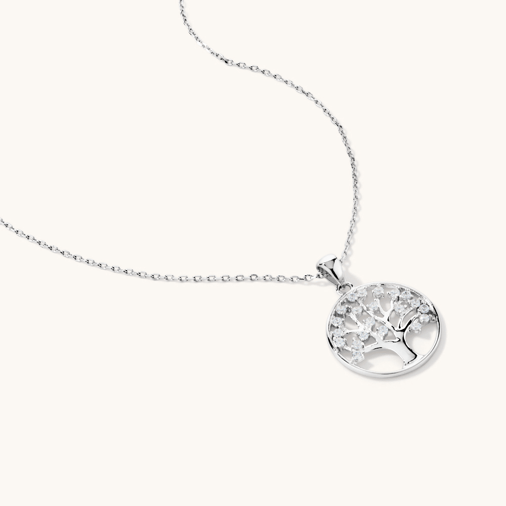 45cm Cubic Zirconia Tree of Life Pendant Necklace in Sterling Silver Pendants Bevilles 