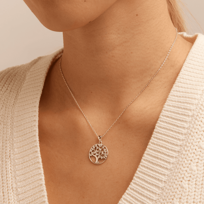 45cm Cubic Zirconia Tree of Life Pendant Necklace in Sterling Silver Pendants Bevilles 