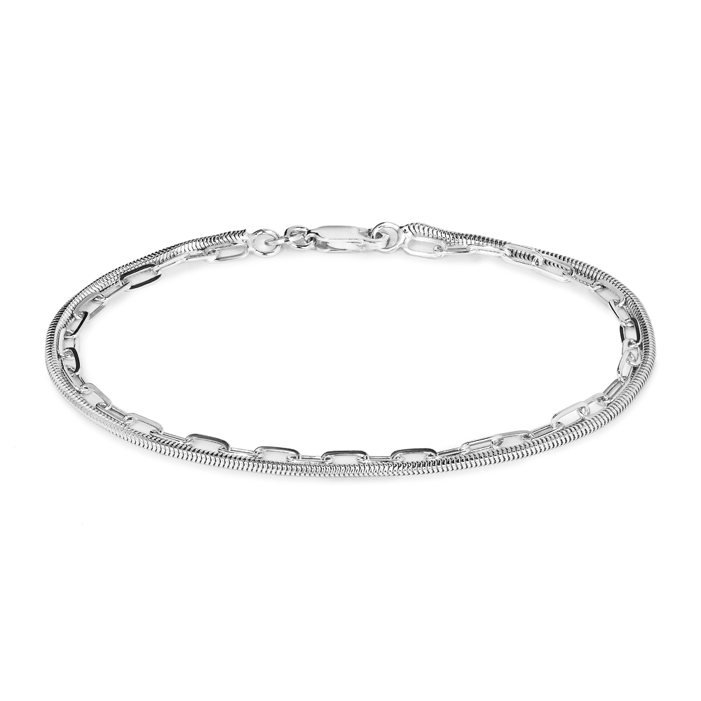 19cm Paperclip and Herringbone Double Strand Bracelet in Sterling Silver Bracelets Bevilles 