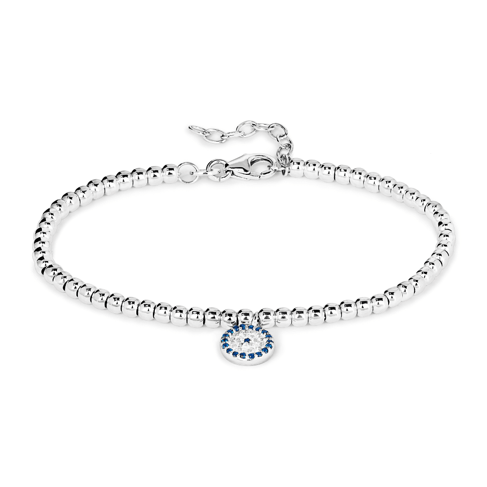 19cm Cubic Zirconia Evil Eye Charm Beaded Bracelet in Sterling Silver Bracelets Bevilles 