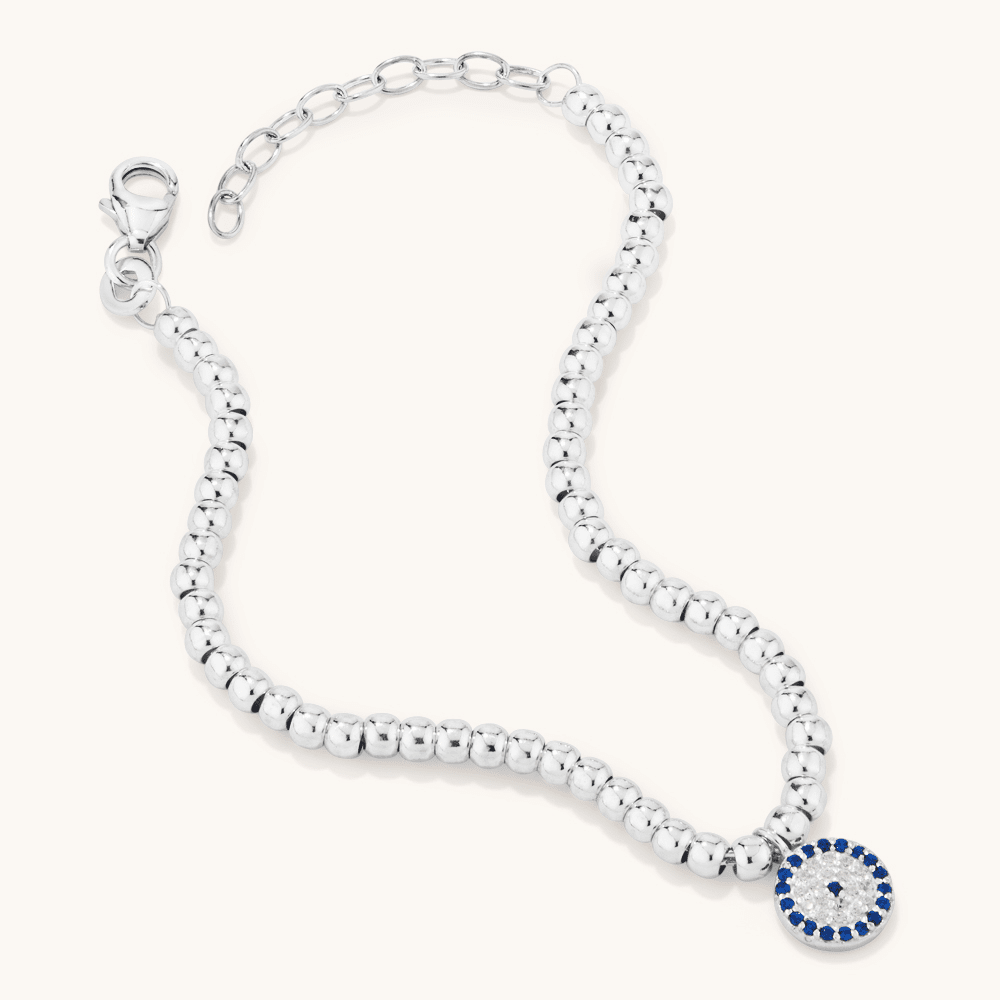 19cm Cubic Zirconia Evil Eye Charm Beaded Bracelet in Sterling Silver Bracelets Bevilles 