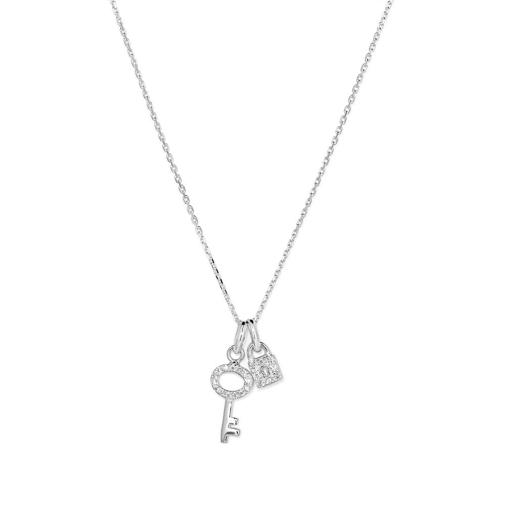 45cm Cubic Zirconia Lock and Key Pendant Necklace in Sterling Silver Pendants Bevilles 