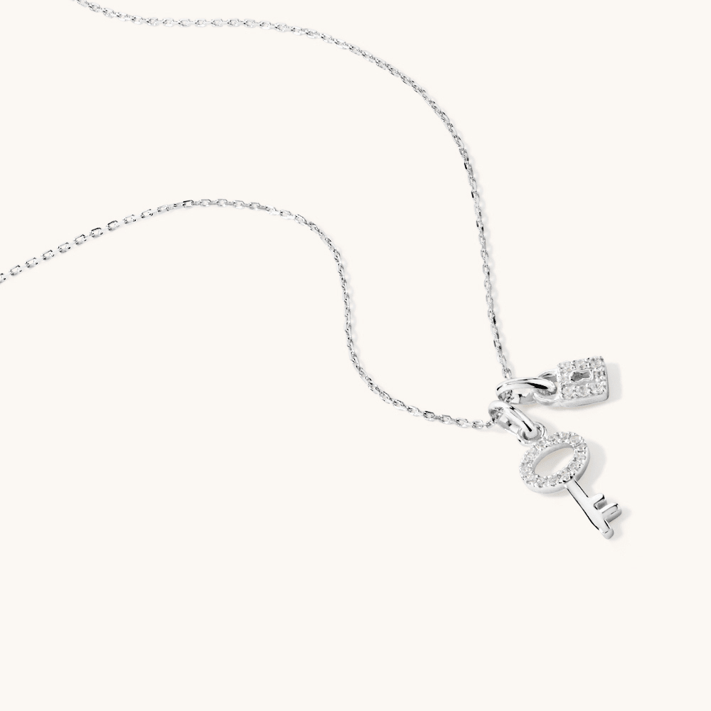 45cm Cubic Zirconia Lock and Key Pendant Necklace in Sterling Silver Pendants Bevilles 
