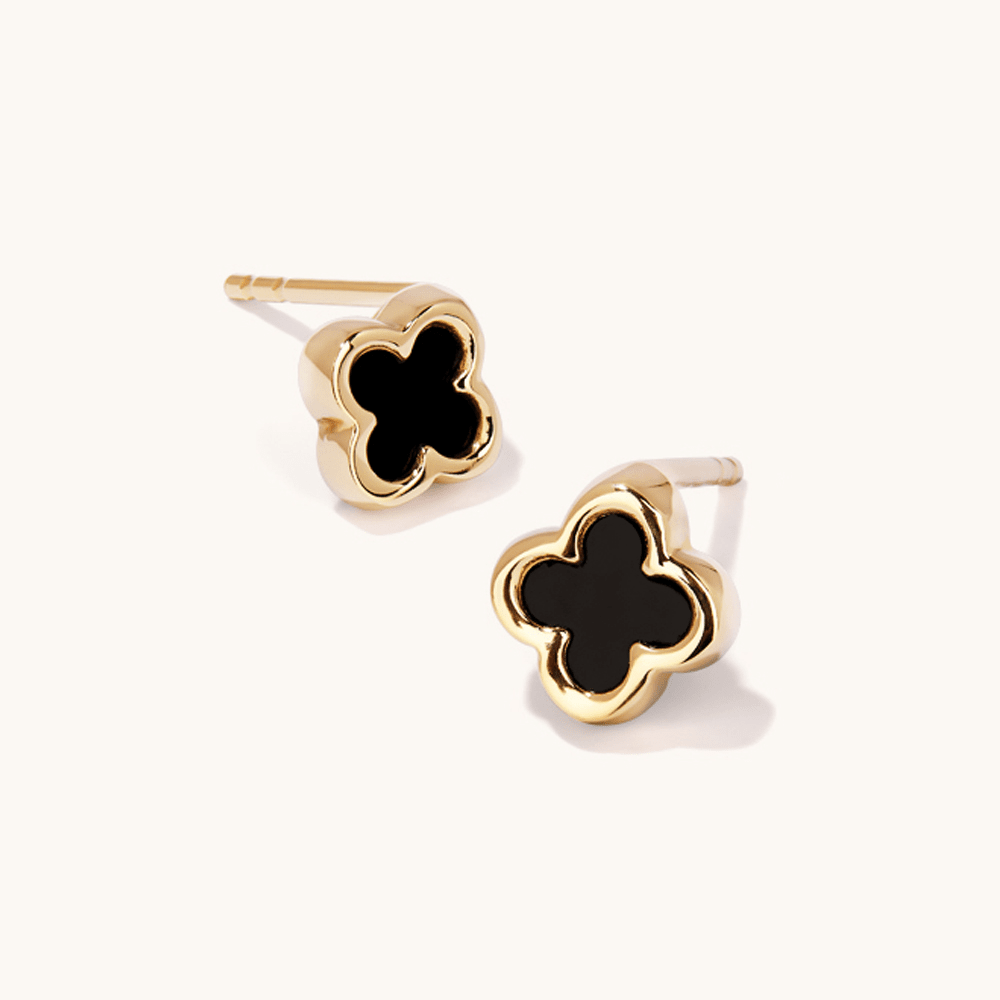 Onyx Clover Stud Earrings in 9kt Yellow Gold Earrings Bevilles 