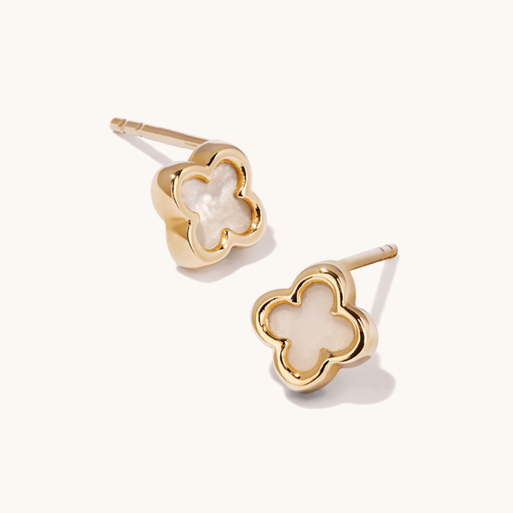 Mother of Pearl Clover Stud Earrings in 9kt Yellow Gold Earrings Bevilles 