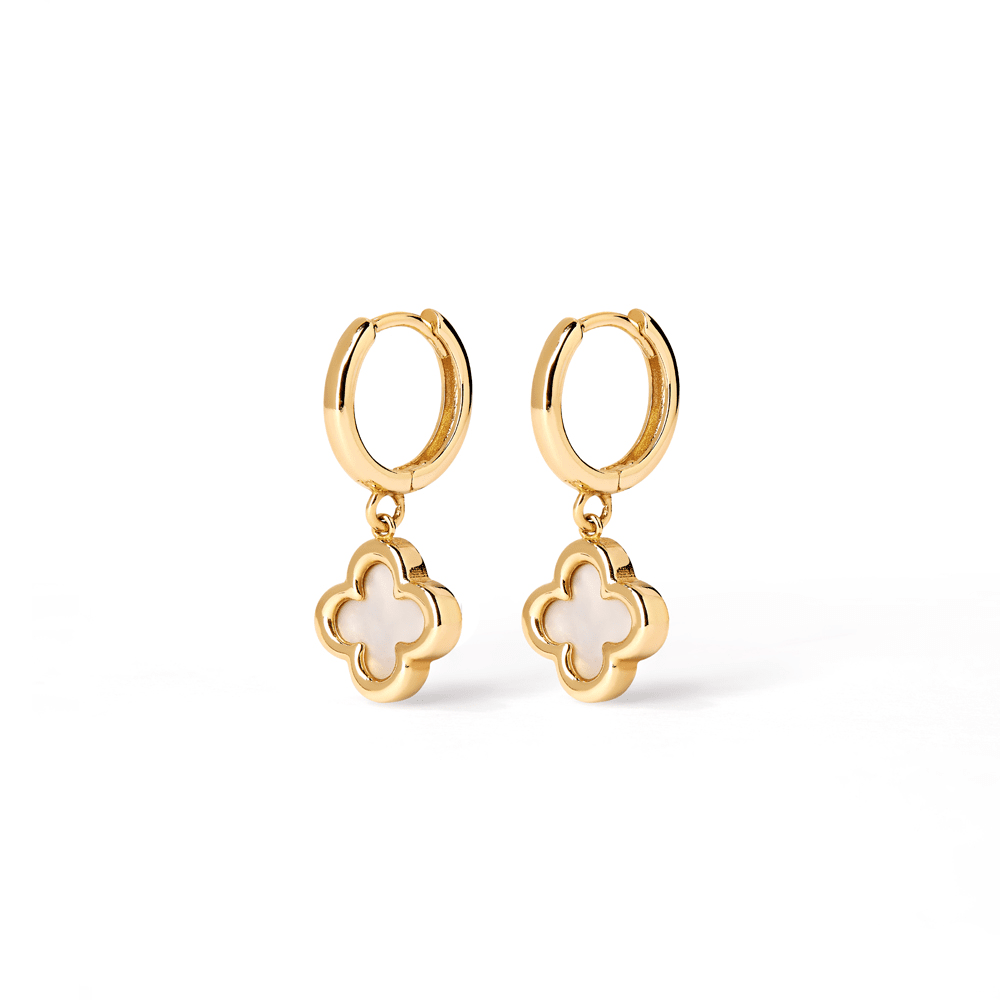 Mother of Pearl Clover Huggie Earrings in 9kt Yellow Gold Earrings Bevilles 