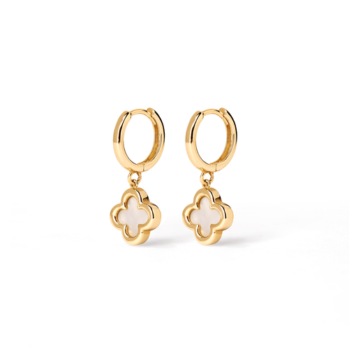 Mother of Pearl Clover Huggie Earrings in 9kt Yellow Gold Earrings Bevilles 