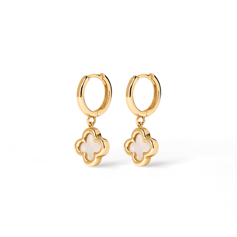 Mother of Pearl Clover Huggie Earrings in 9kt Yellow Gold Earrings Bevilles 