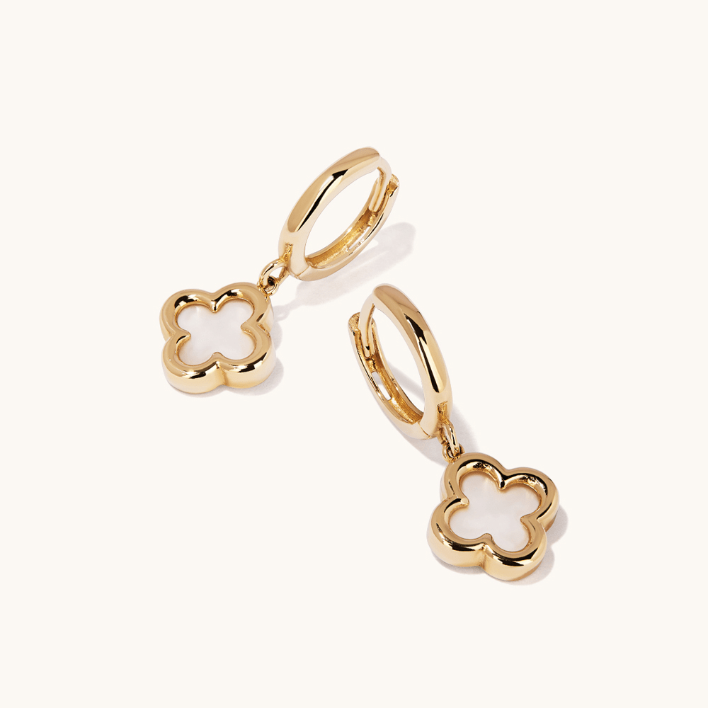 Mother of Pearl Clover Huggie Earrings in 9kt Yellow Gold Earrings Bevilles 