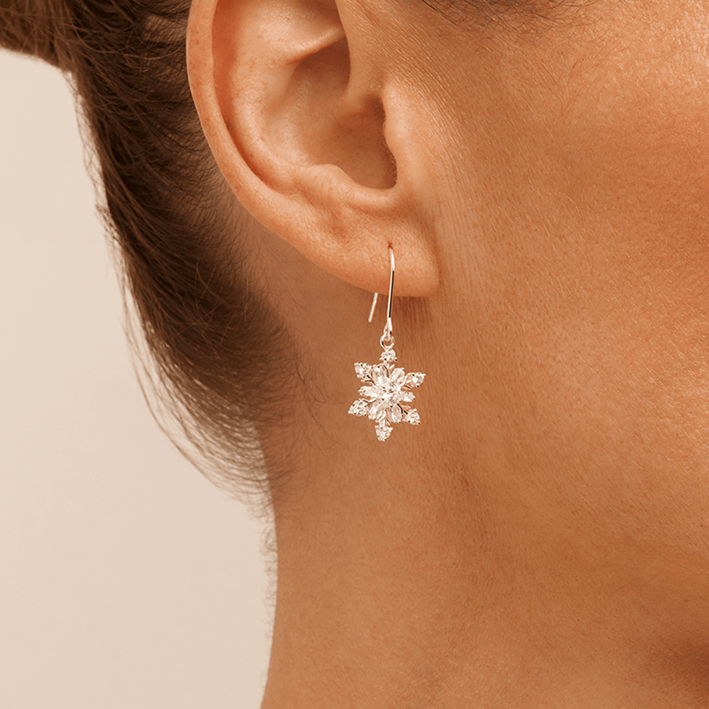 Cubic Zirconia Christmas Snowflake Drop Earrings in Sterling Silver Earrings Bevilles 