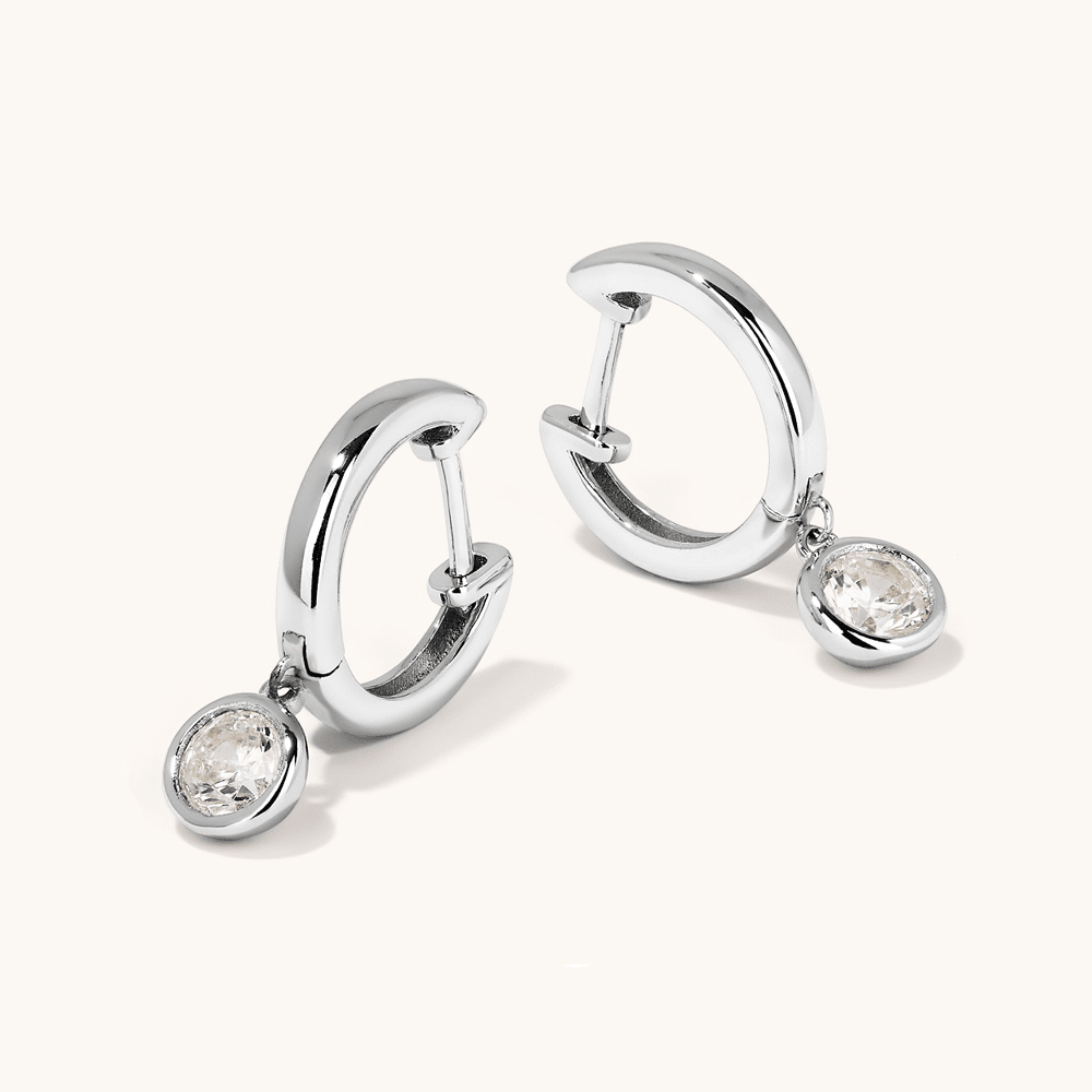 Cubic Zirconia Bezel Drop Huggie Earrings in Sterling Silver Earrings Bevilles 