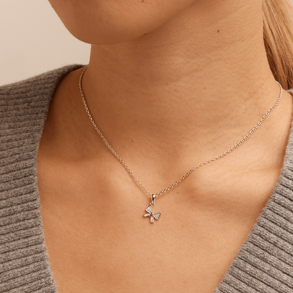 45cm Cubic Zirconia Bow Pendant Necklace in Sterling Silver Pendants Bevilles 