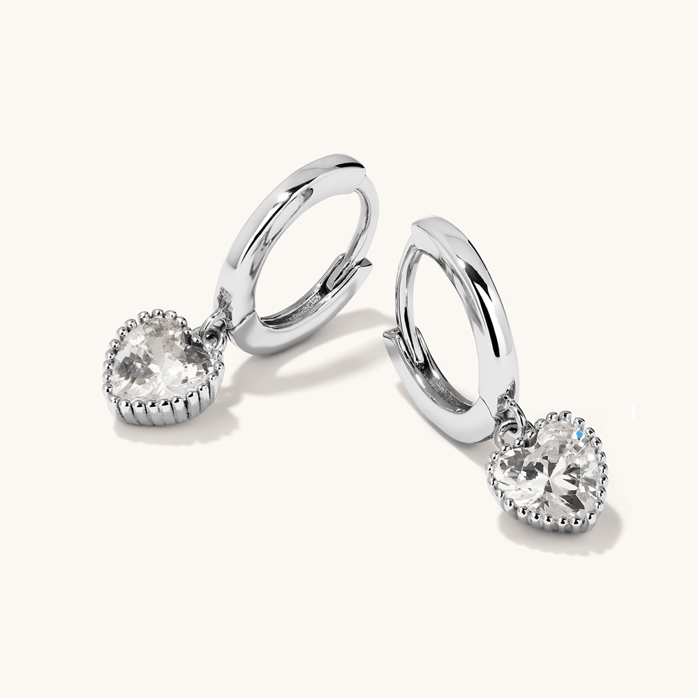 Cubic Zirconia Heart Drop Huggie Earrings in Sterling Silver Earrings Bevilles 