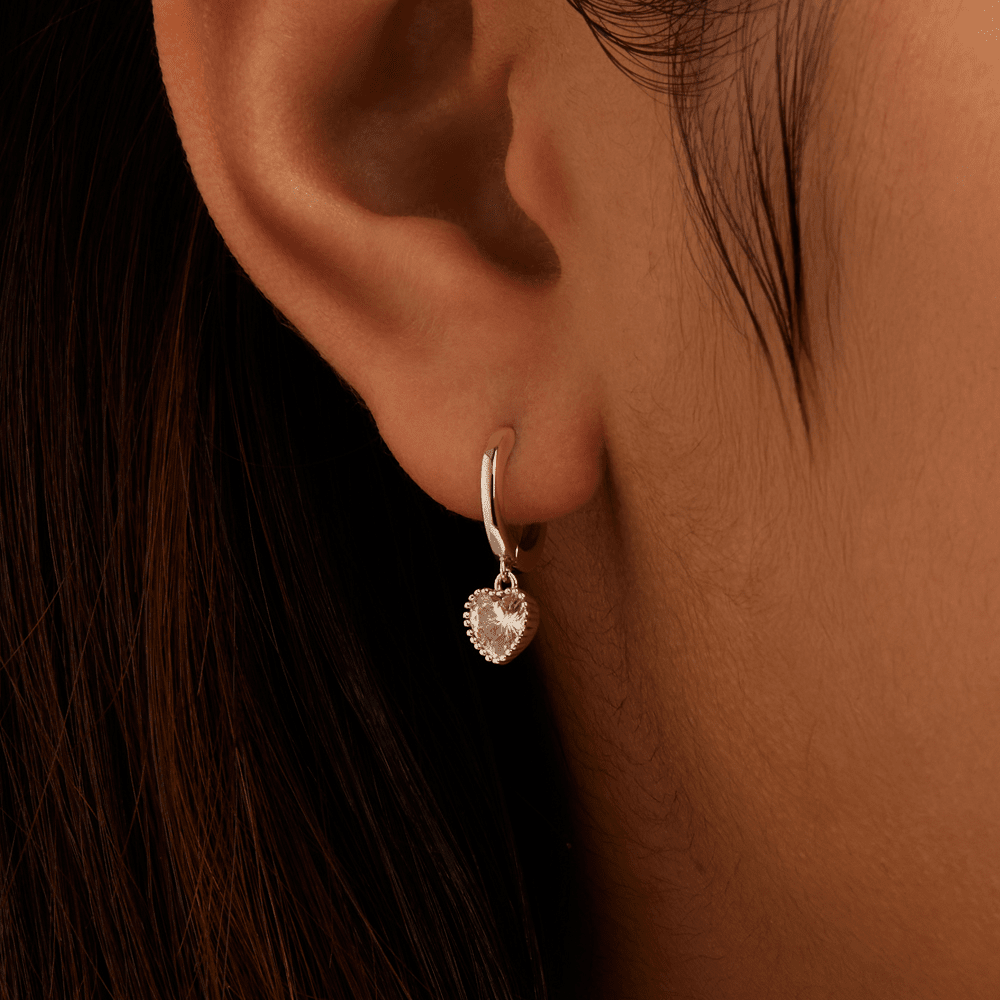 Cubic Zirconia Heart Drop Huggie Earrings in Sterling Silver Earrings Bevilles 