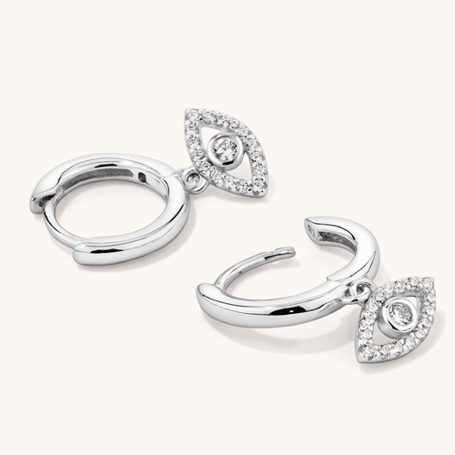 Cubic Zirconia Evil Eye Drop Huggie Earrings in Sterling Silver Earrings Bevilles 
