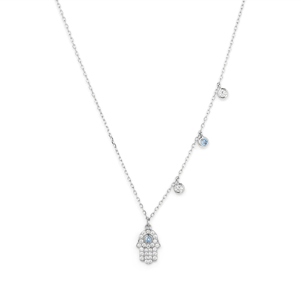45cm Cubic Zirconia Hamsa Charm Necklace in Sterling Silver Pendants Bevilles 