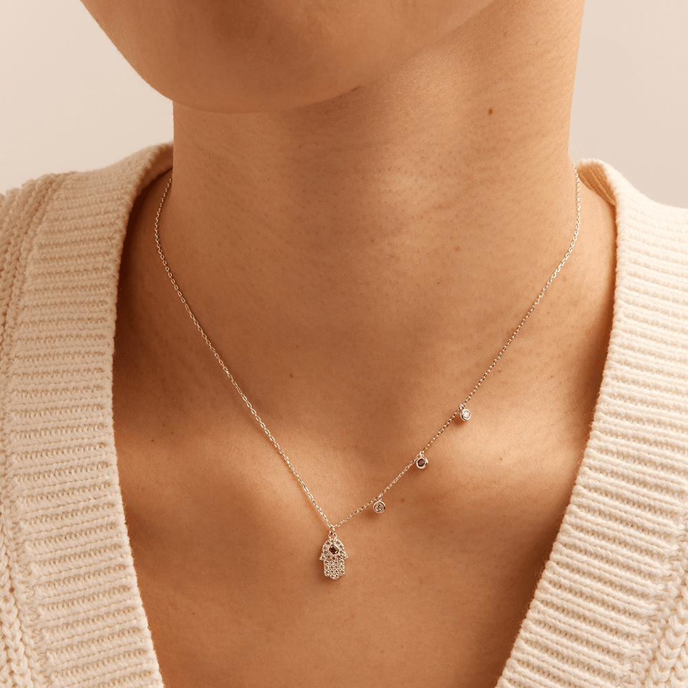 45cm Cubic Zirconia Hamsa Charm Necklace in Sterling Silver Pendants Bevilles 