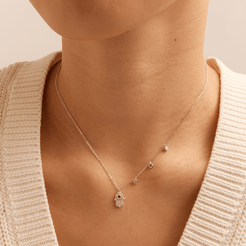 45cm Cubic Zirconia Hamsa Charm Necklace in Sterling Silver Pendants Bevilles 