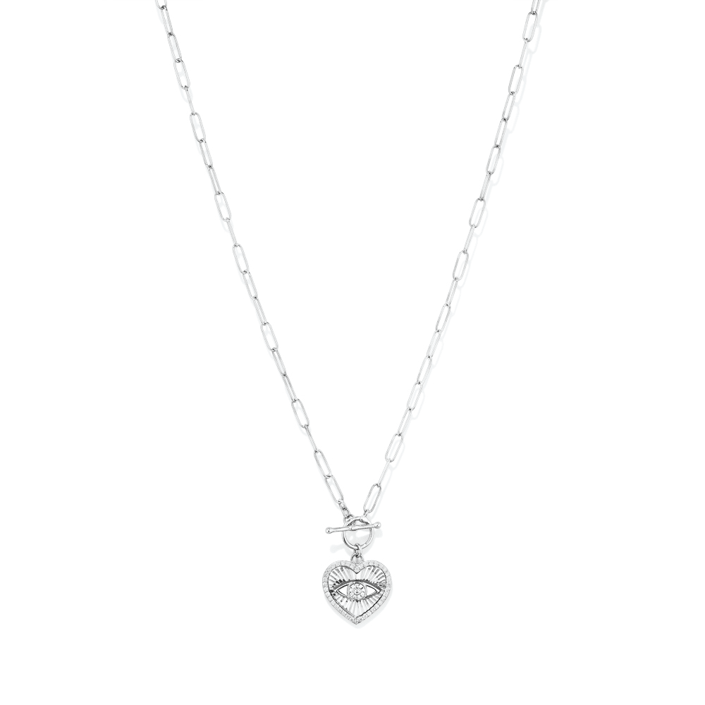 45cm Cubic Zirconia Heart with Evil Eye Paperclip Necklace in Sterling Silver Pendants Bevilles 