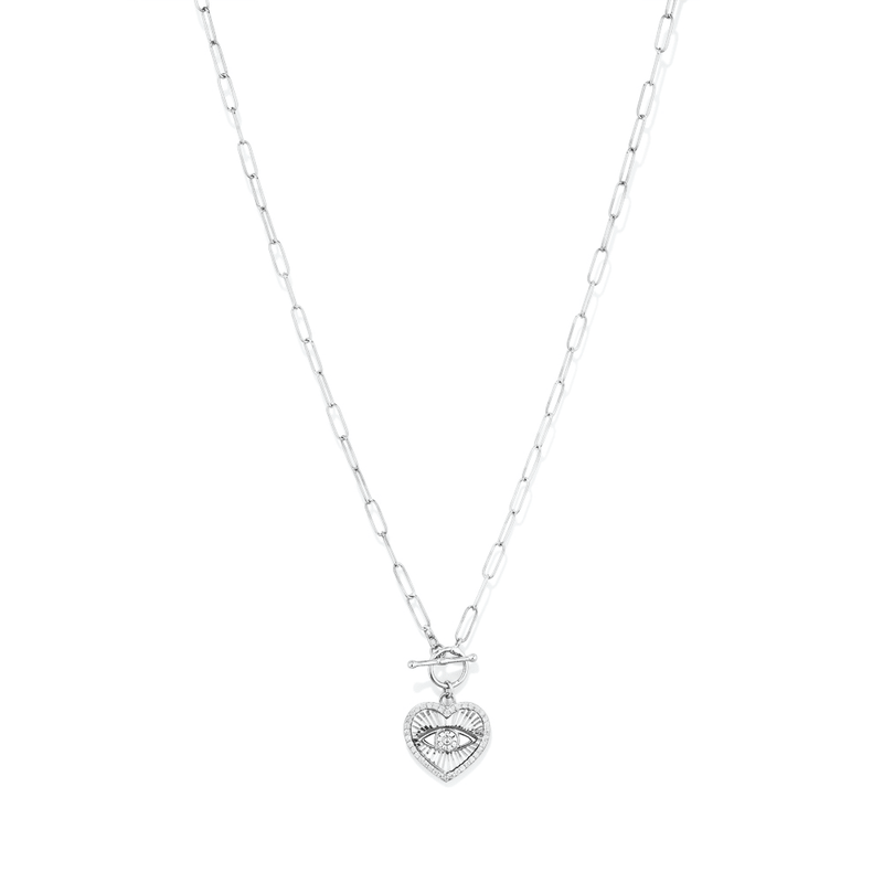 45cm Cubic Zirconia Heart with Evil Eye Paperclip Necklace in Sterling Silver Pendants Bevilles 