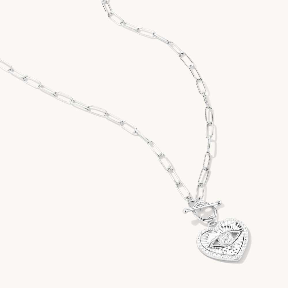 45cm Cubic Zirconia Heart with Evil Eye Paperclip Necklace in Sterling Silver Pendants Bevilles 