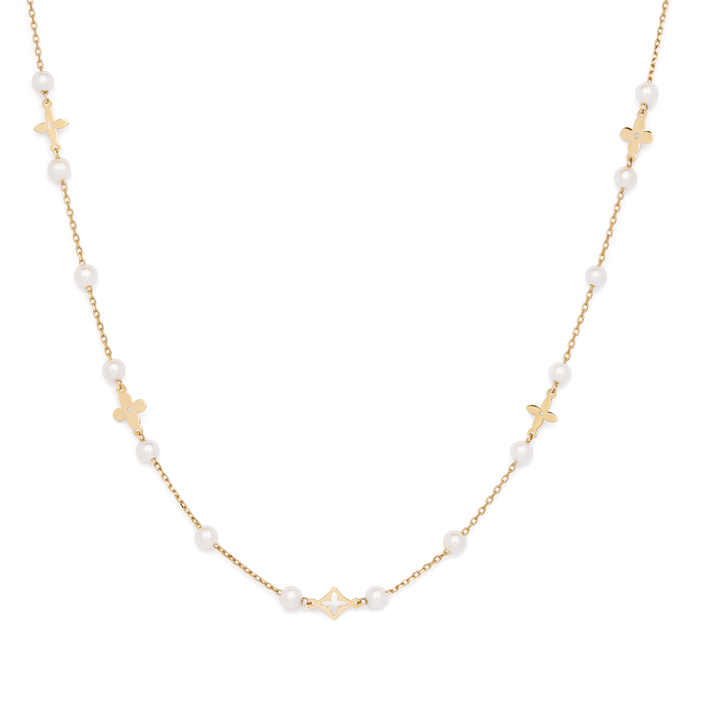 45cm Pearl and Clover Station Necklace in 9kt Yellow Gold Pendants Bevilles 
