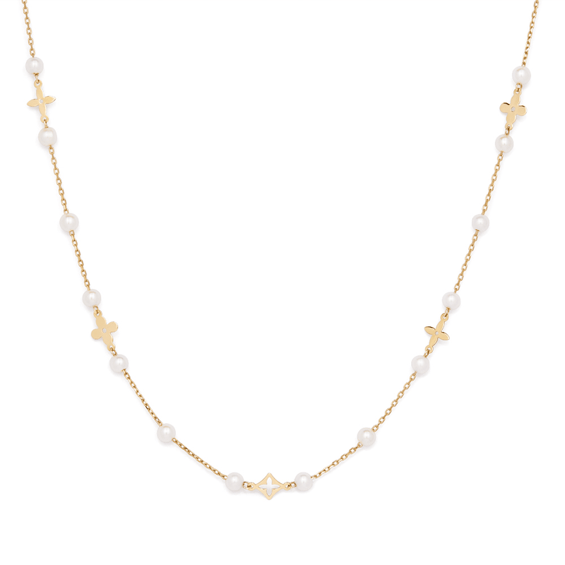 45cm Pearl and Clover Station Necklace in 9kt Yellow Gold Pendants Bevilles 