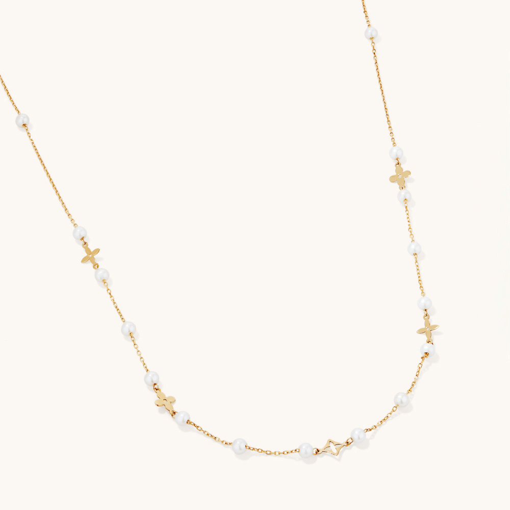 45cm Pearl and Clover Station Necklace in 9kt Yellow Gold Pendants Bevilles 