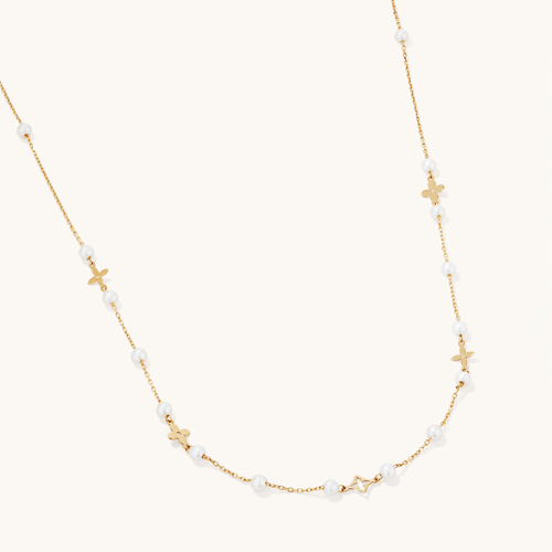 45cm Pearl and Clover Station Necklace in 9kt Yellow Gold Pendants Bevilles 