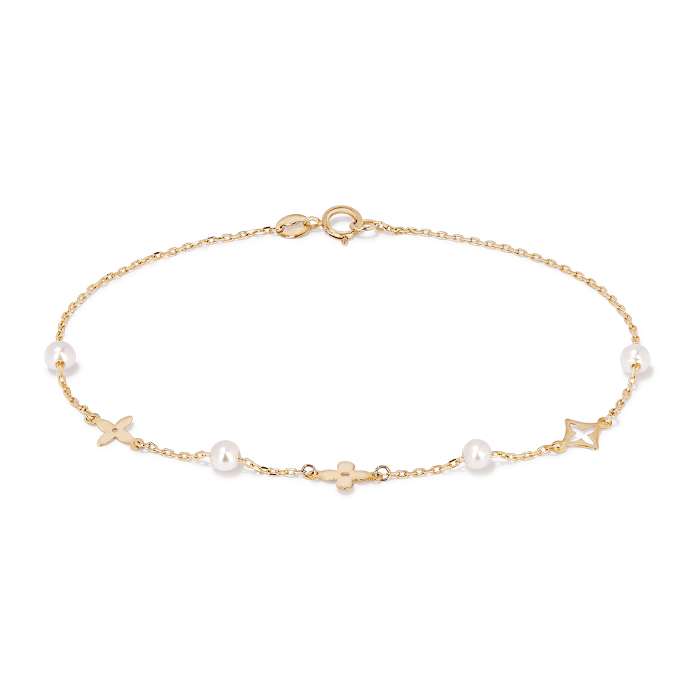 19cm Pearl and Clover Station Bracelet in 9kt Yellow Gold Bracelets Bevilles 